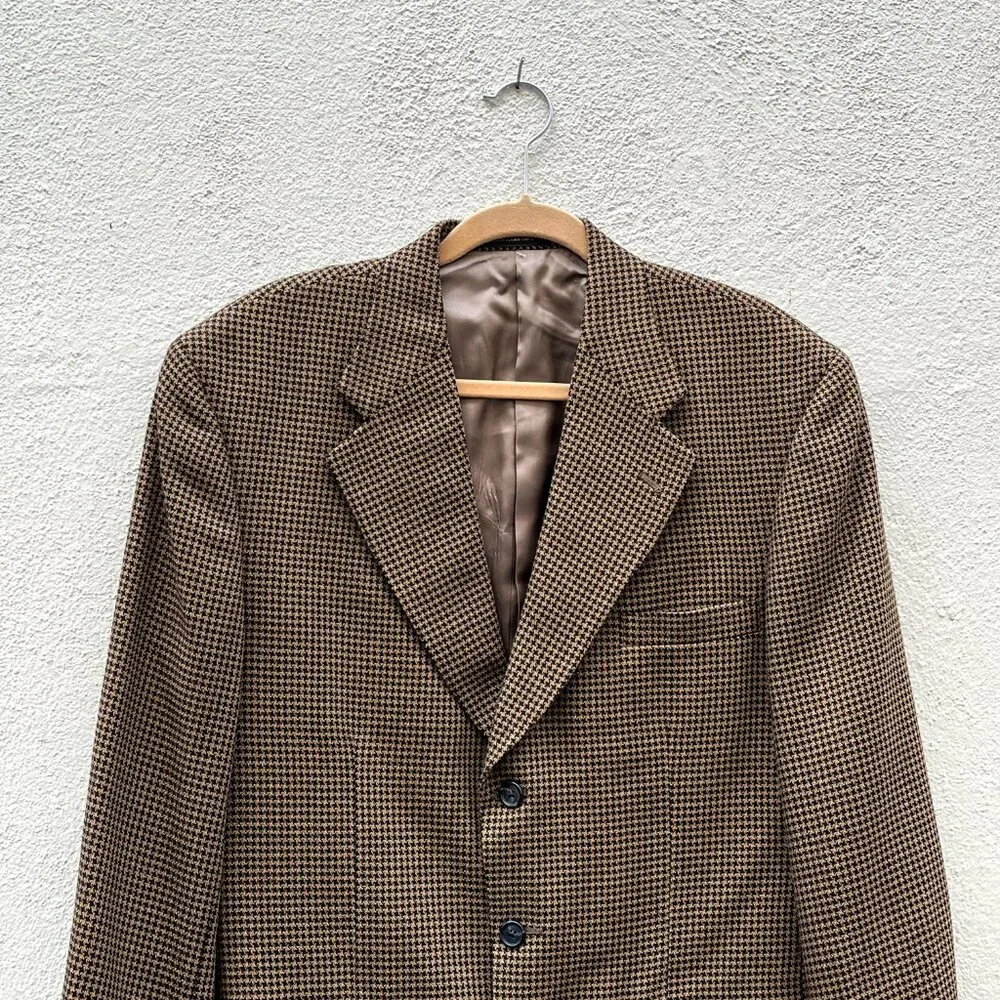 Vintage Men's Monsieur Givenchy Brown & Black Wool Houndstooth Blazer Jacket 44R